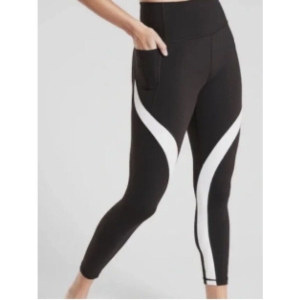 Like New! ATHLETA Salutation Stash Pocket 7/8 Tight Black w White Stripe in L